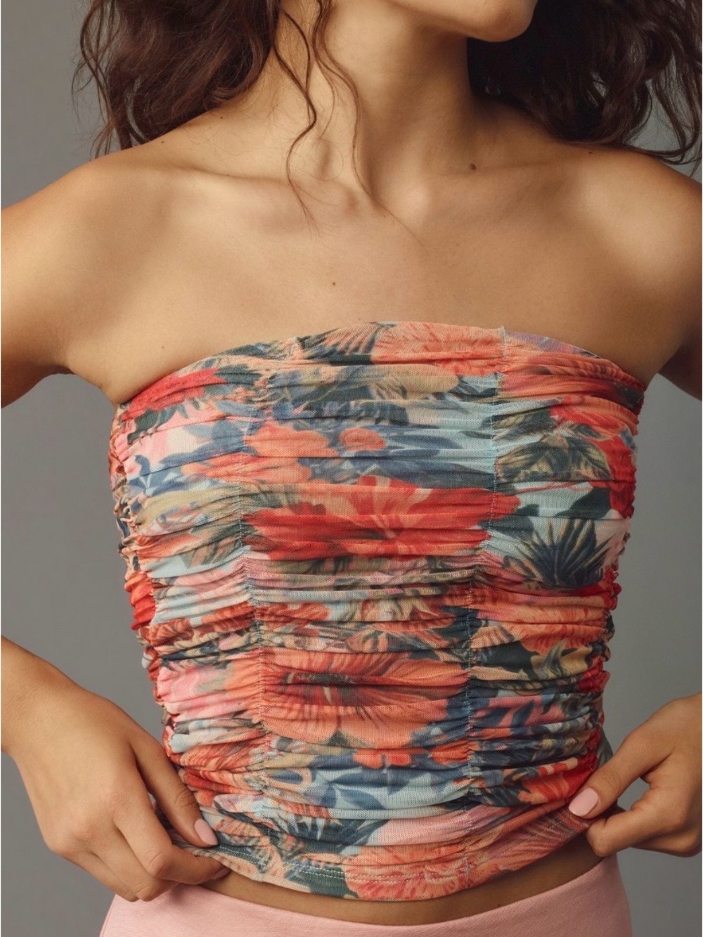 Pilcro Floral Ruched Tube Top — Coral, Blue & Green